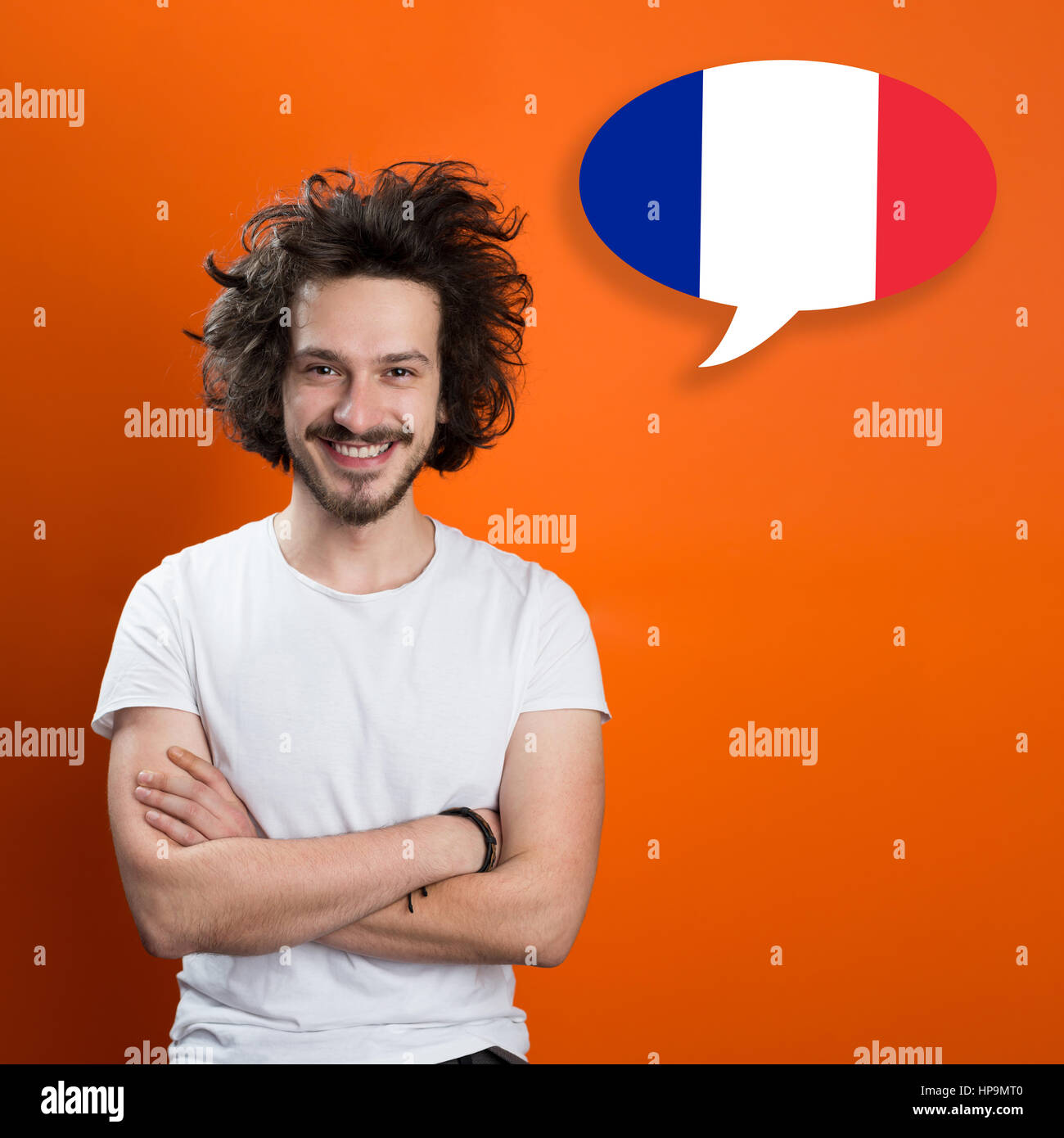 El hombre aprenda hablar francés en la burbuja Fotografía de stock - Alamy