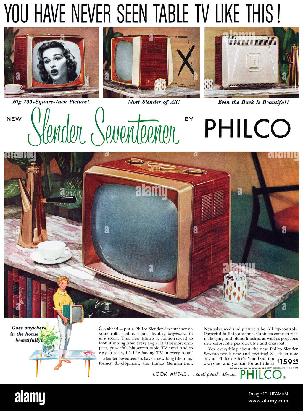 1957 EE.UU. anuncio de la Philco esbelta Seventeener televisión portátil. Foto de stock