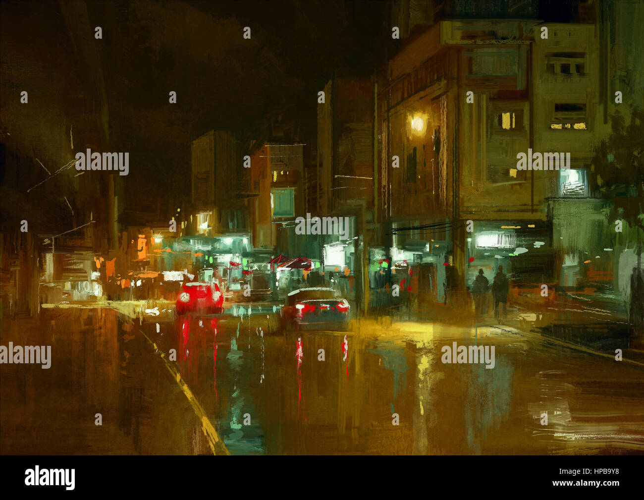 Pintura digital de las calles de la ciudad durante la noche con luces de colores. Foto de stock