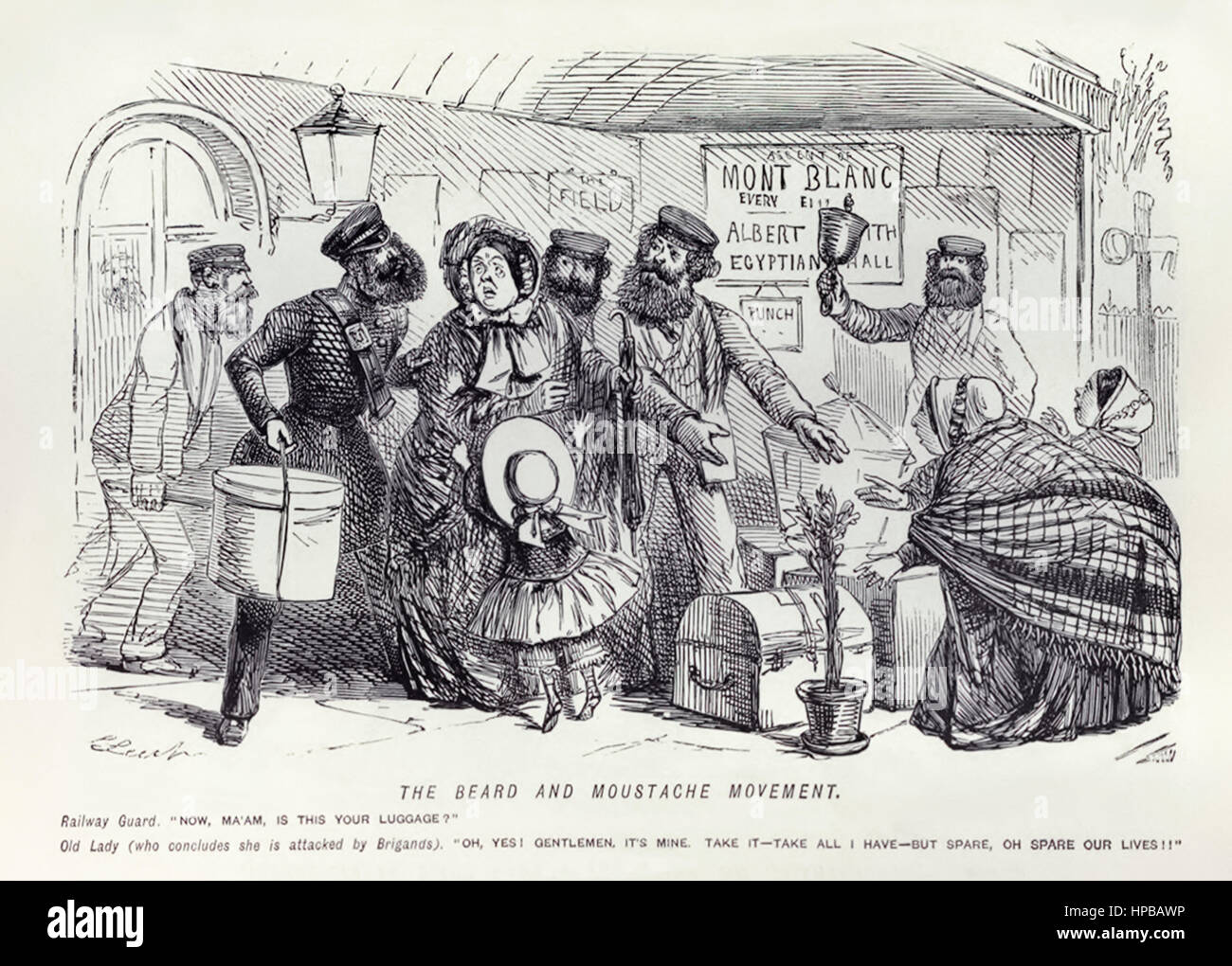"El movimiento de barba y bigote - guardia de ferrocarril: "Ahora, Ma'am, es este tu equipaje? La vieja señora (quien concluye ella es atacado por bandidos): "Oh sí" Señores es el mío. Tome - Tomar todo lo que tengo, pero repuesto de nuestras vidas!!"" Ilustración por John Leech (1817-1864), publicado en la revista satírica "Punch" en 1853. Foto de stock