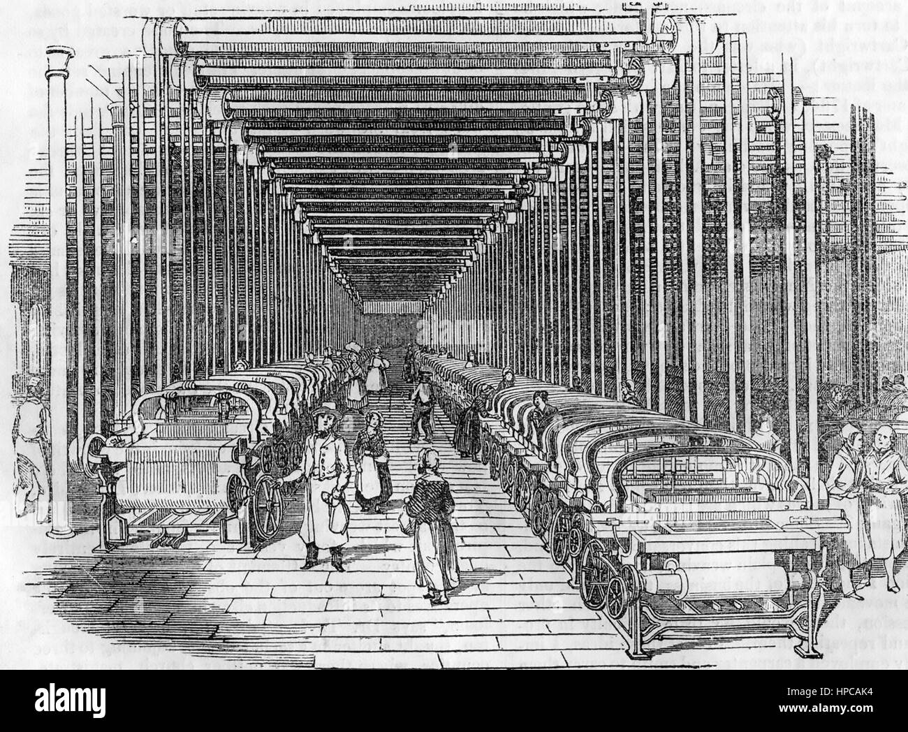Fábrica de algodón inglés acerca de 1857 mostrando los telares de alimentación accionado por correa Foto de stock