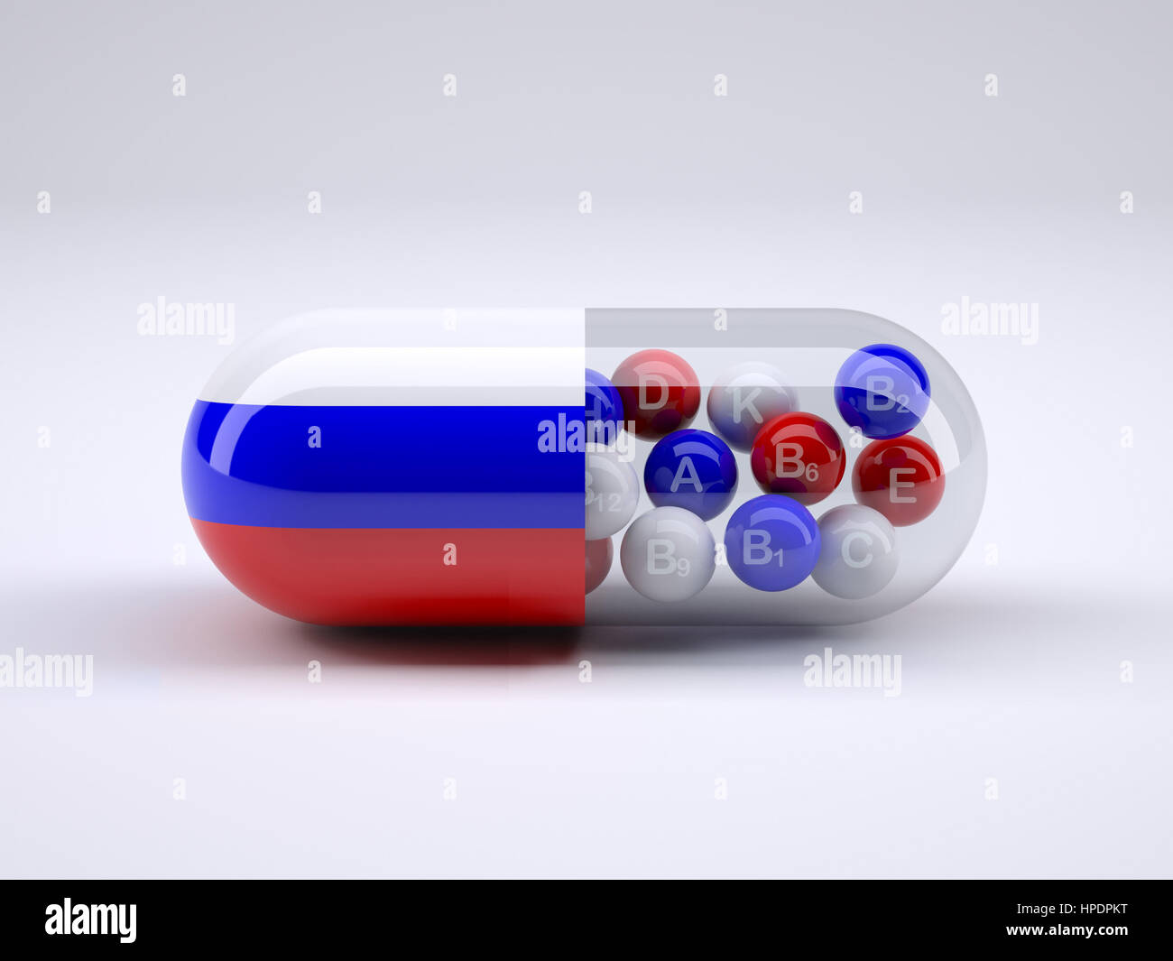 Píldora con bandera rusa envuelto alrededor de él y bolas rojas dentro, ilustración 3d Foto de stock