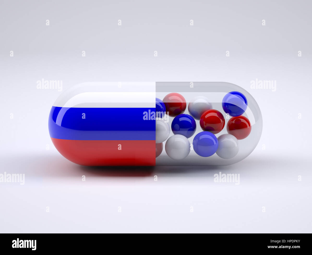 Píldora con bandera rusa envuelto alrededor de él y bolas rojas dentro, ilustración 3d Foto de stock