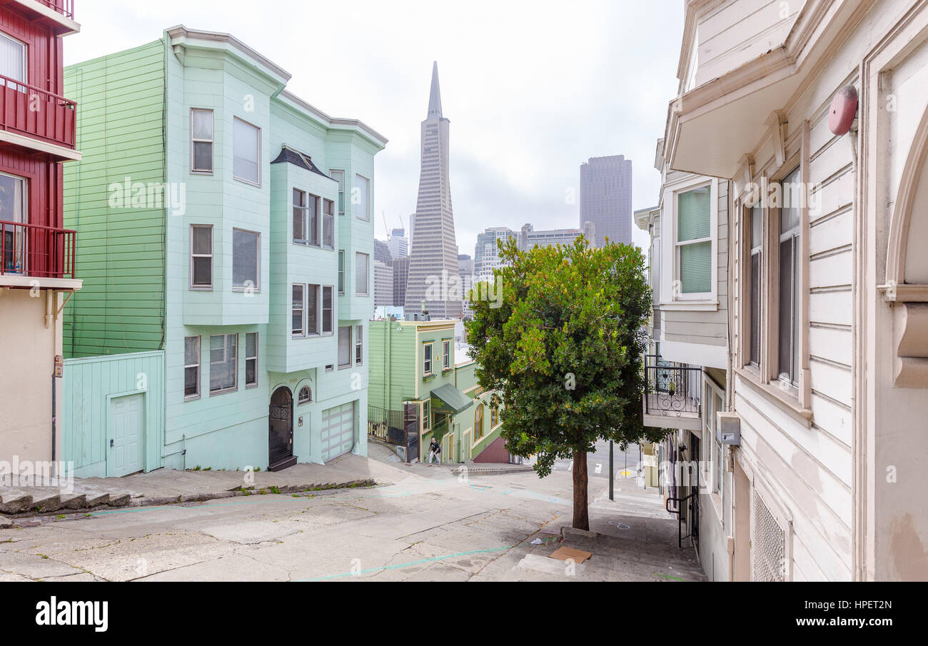 Vista panorámica de edificios históricos cerca de la zona residencial de Telegraph Hill District con el famoso skyline de San Francisco, en el fondo, EE.UU. Foto de stock