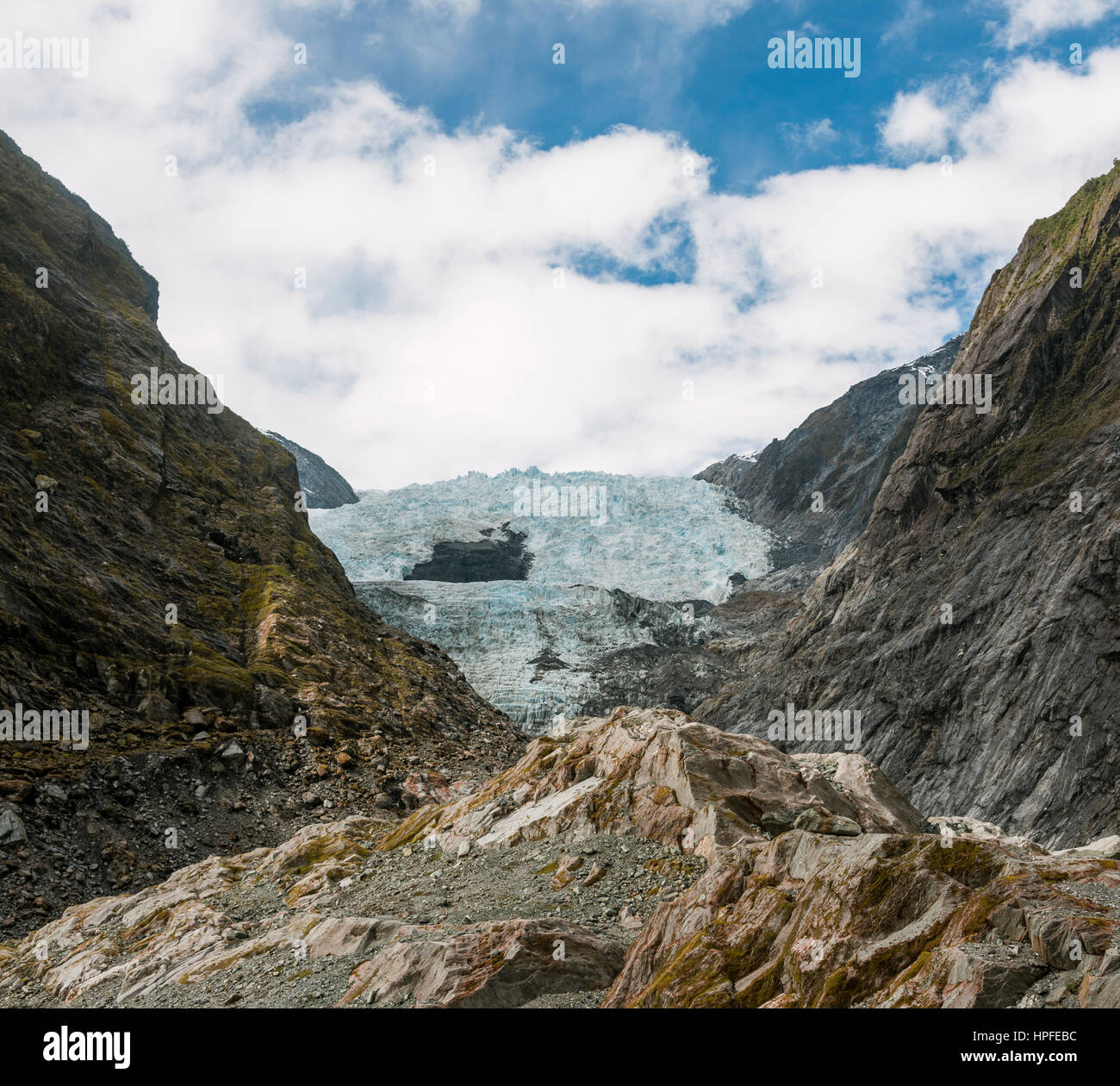 Lengua glaciar, el glaciar Franz Josef, West Coast, Southland, Nueva Zelanda Foto de stock