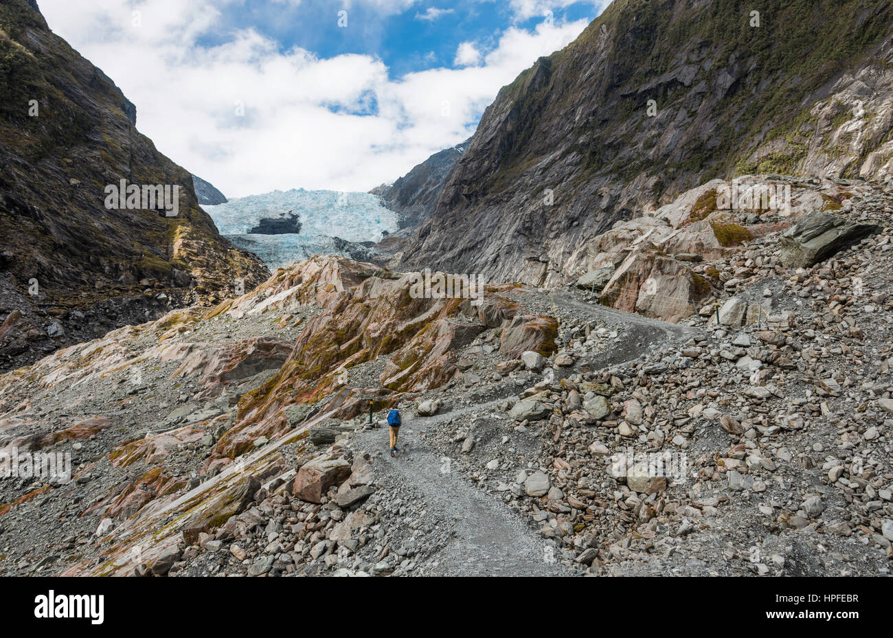 Lengua glaciar, el glaciar Franz Josef, West Coast, Southland, Nueva Zelanda Foto de stock