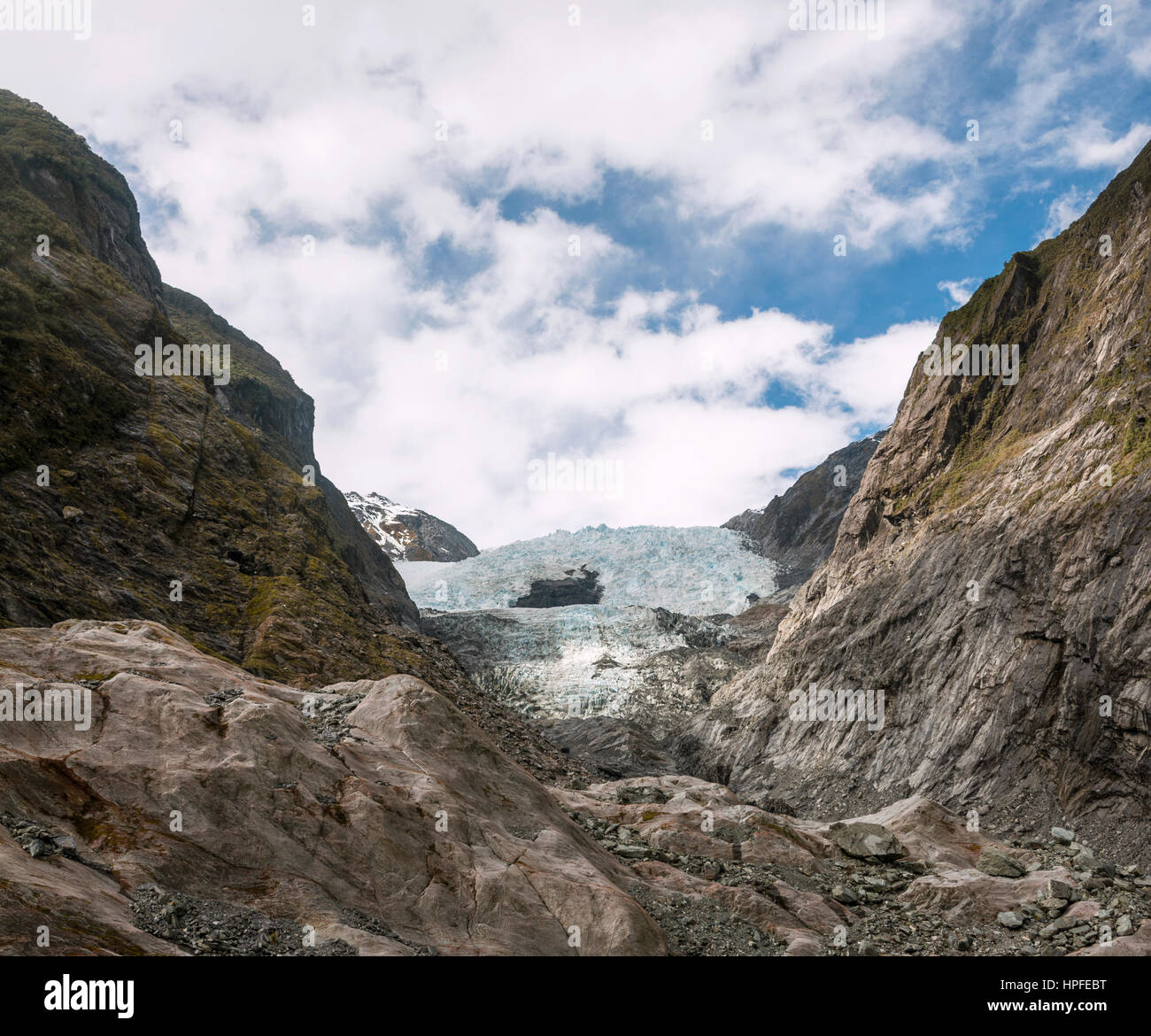 Lengua glaciar, el glaciar Franz Josef, West Coast, Southland, Nueva Zelanda Foto de stock