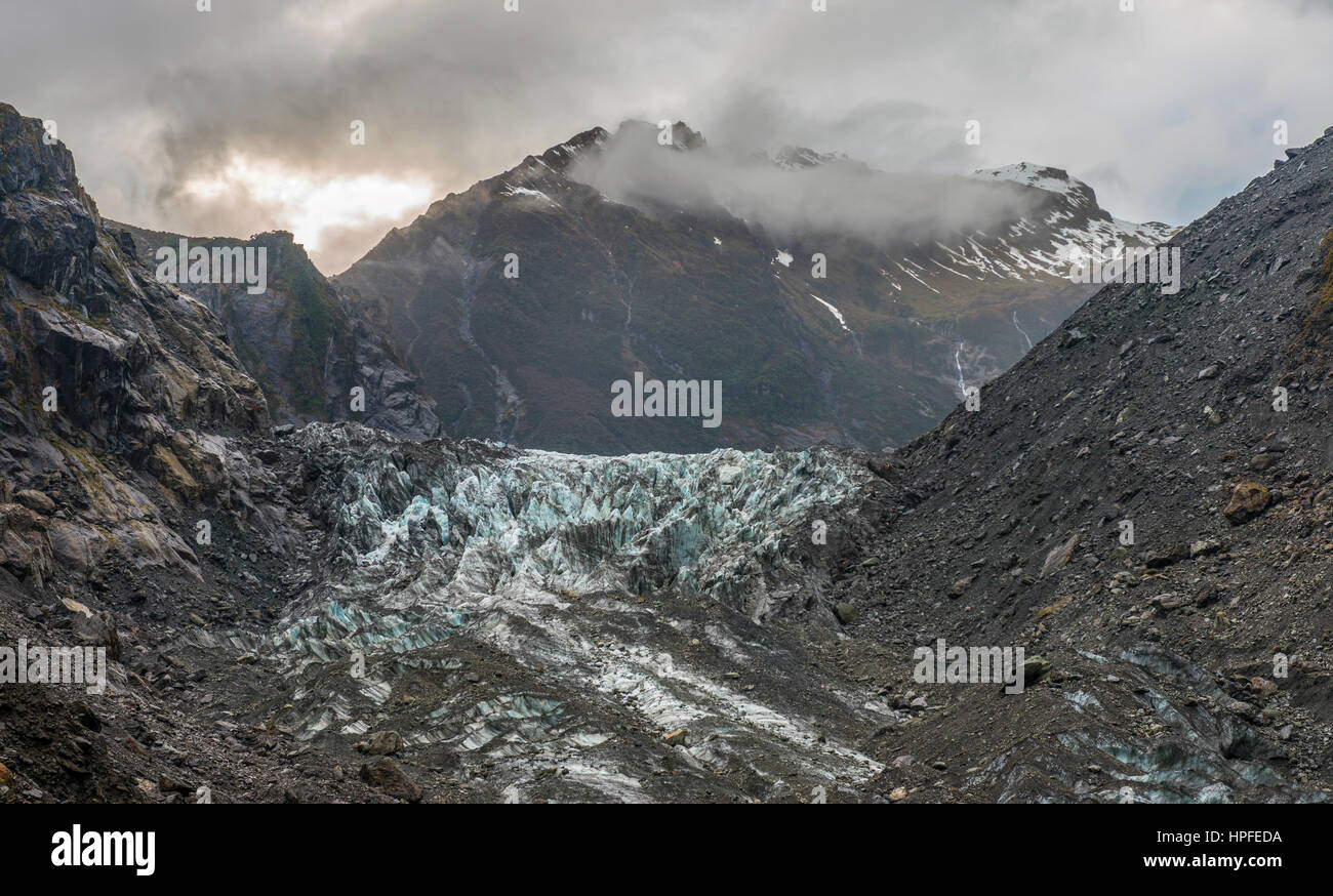 Lengua glaciar, el glaciar Franz Josef, West Coast, Southland, Nueva Zelanda Foto de stock