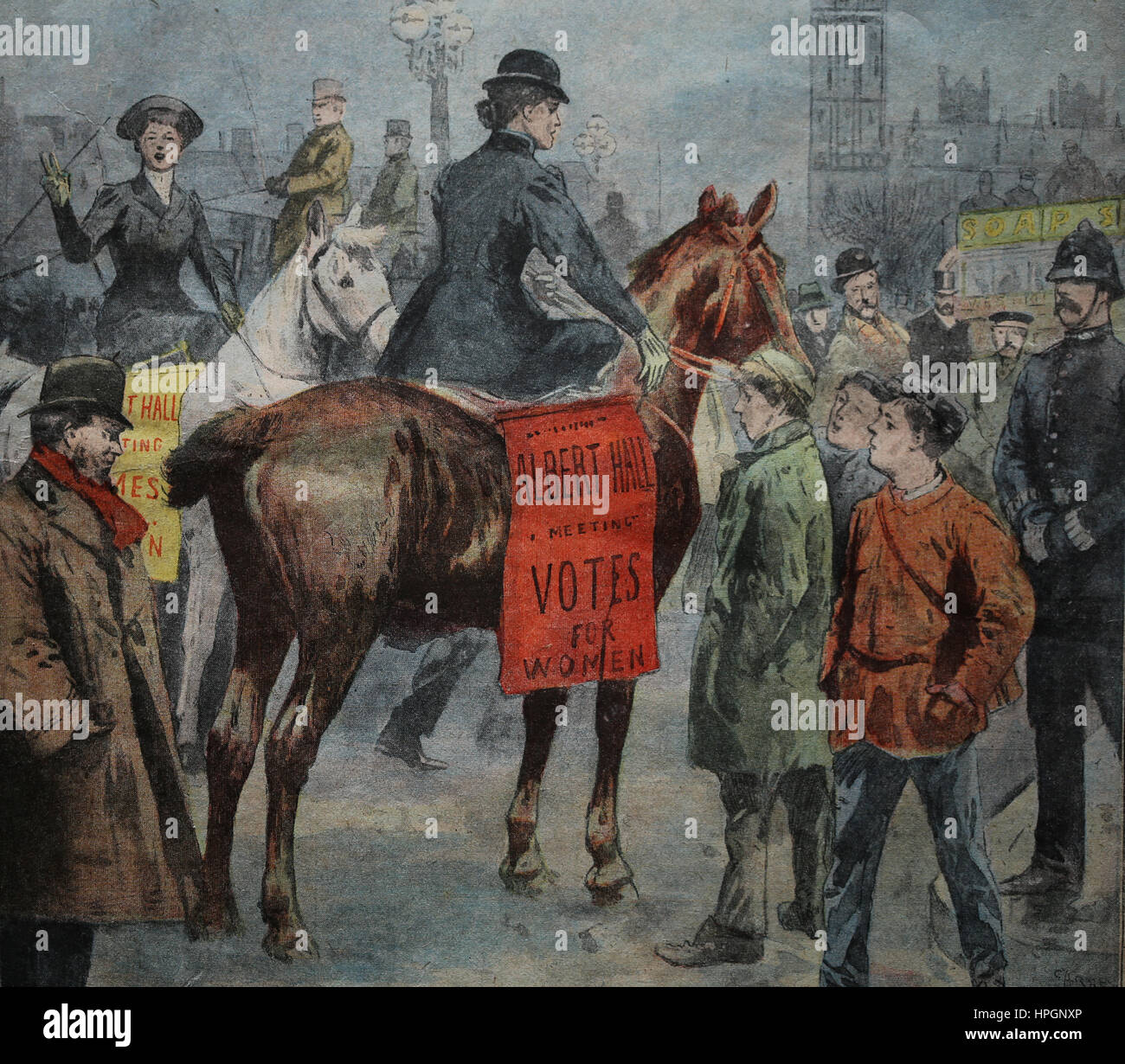 Suffragete Manifestación en Londres. Gran Bretaña, 1905. Le Petit Parisien. Suplemento Litteraire illustre. 15 novenber, 1905. Foto de stock