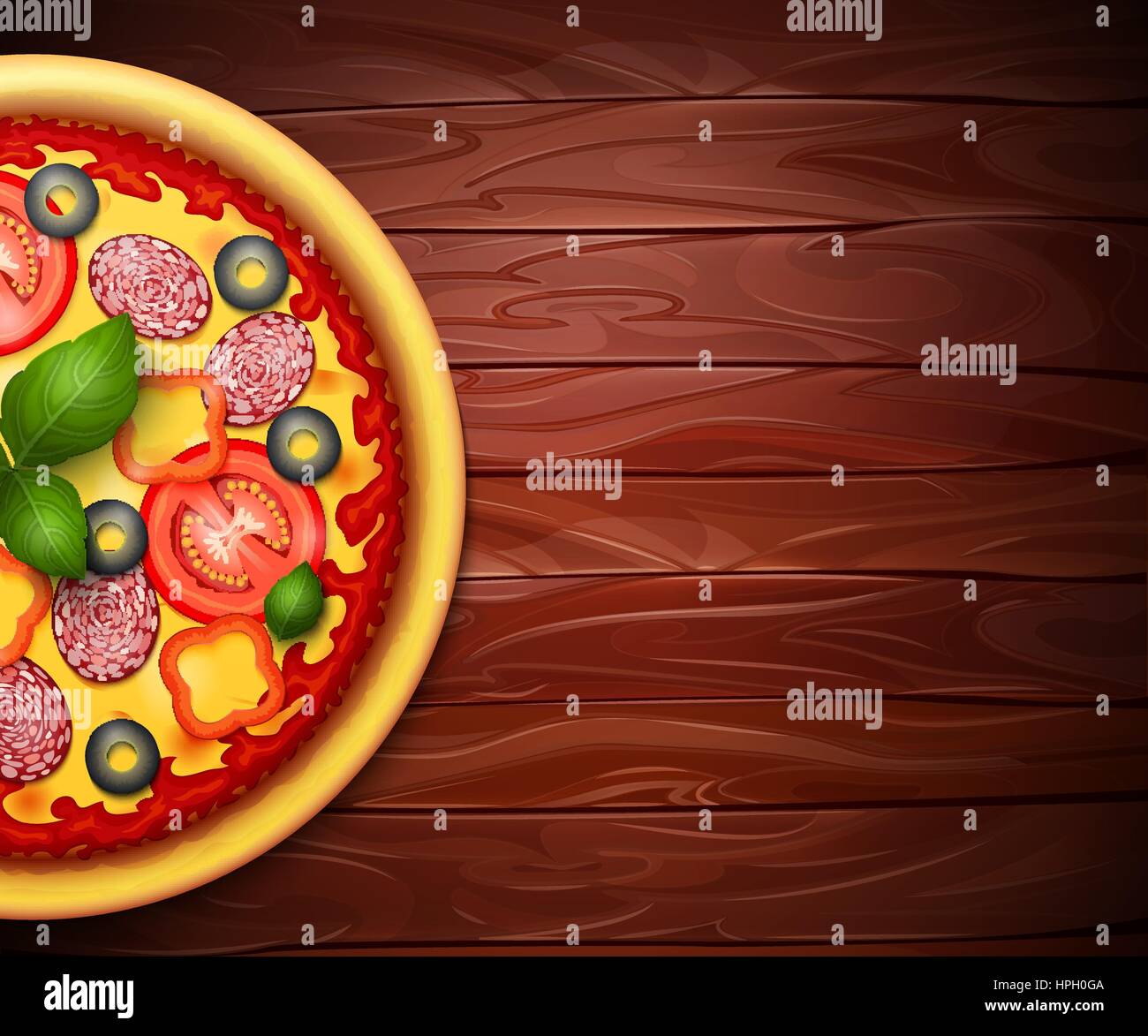 Receta de Pizza vectoriales realistas o menú de fondo de madera. Pizza de pepperoni con tomates y sobre mesa de madera Ilustración del Vector