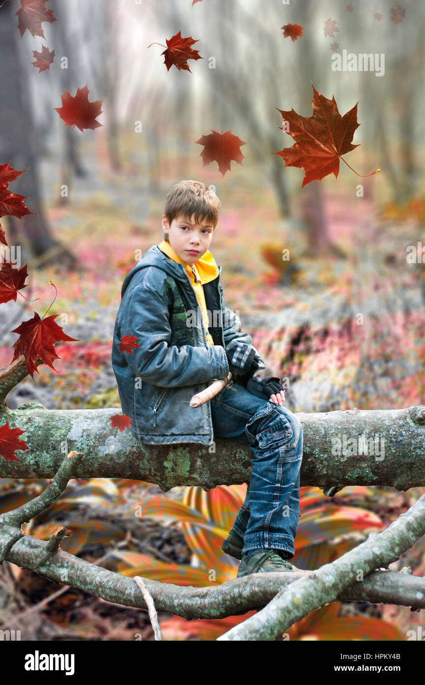 Chico en otoño de ropa se sienta en un registro en el fondo de la caída de hojas de arce Foto de stock