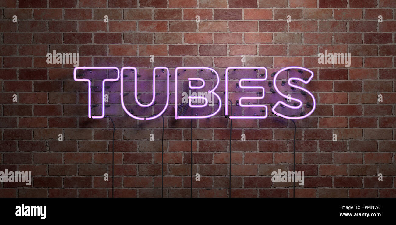 Tubos fluorescentes - Tubo de neón signo en mampostería - Vista frontal -  3D prestados imágenes royalty free. Puede ser utilizado para los anuncios  de banners en línea directa y ma Fotografía