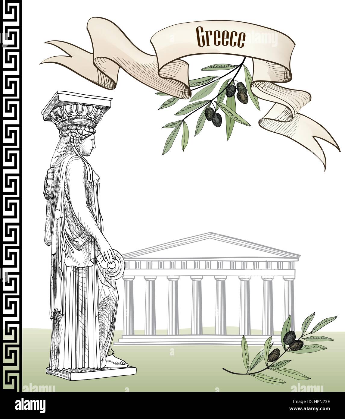 La antigua Grecia juego de iconos: la colina de la Acrópolis en Atenas, la escultura griega cariátide, rama de olivo griego, ornamento y cinta con copia espacio trave dibujados a mano. Ilustración del Vector