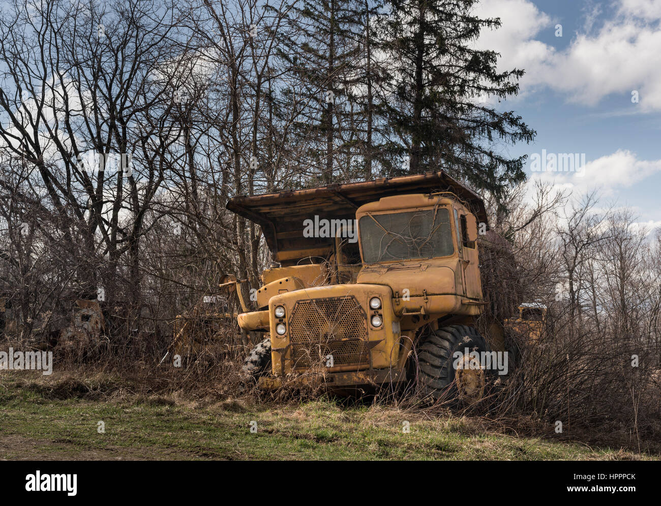 La oxidación y cubierto de amarillo pesada carretilla industrial y equipos abandonados en recesión económica Foto de stock