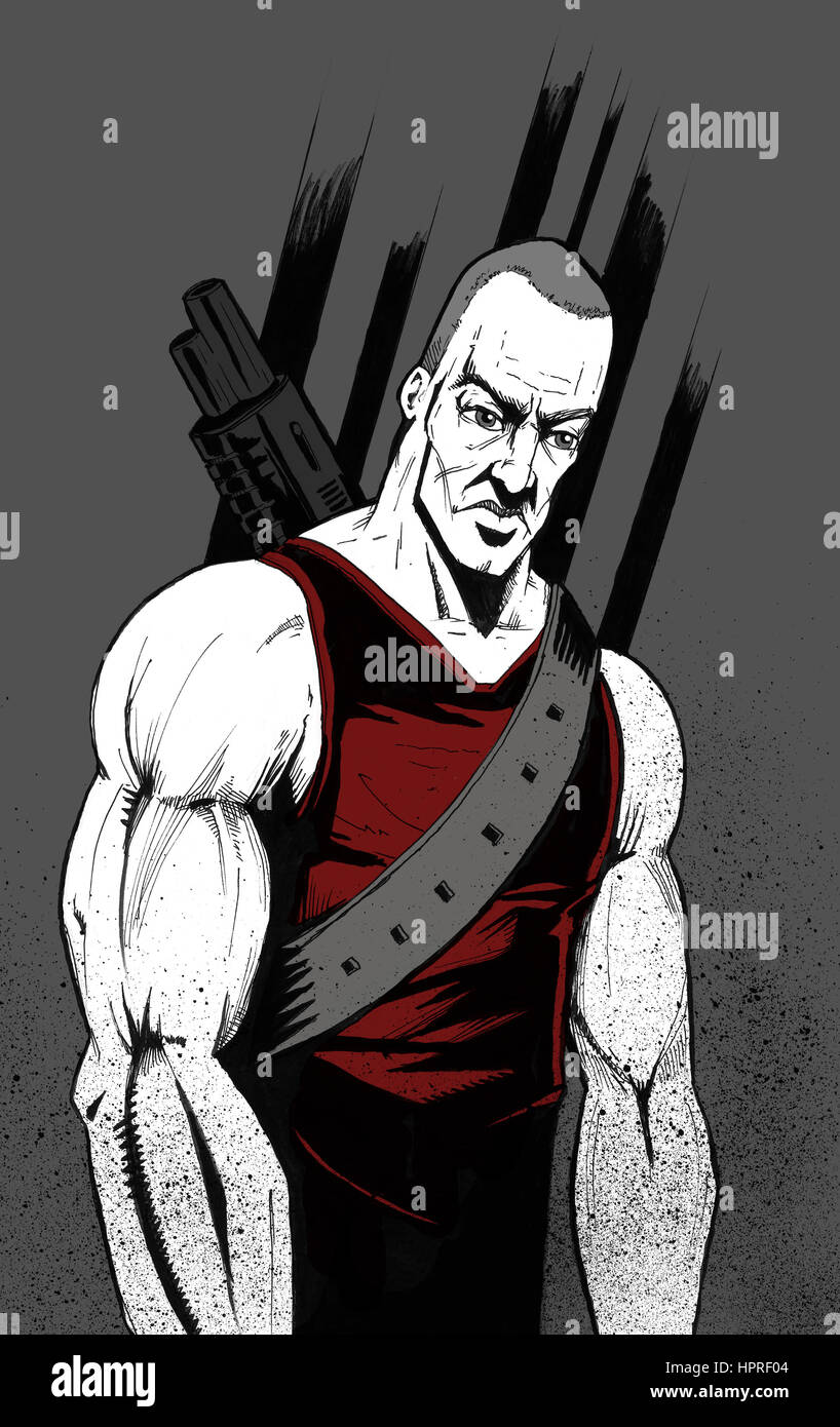 Dibujo de la línea de soldado musculoso hombre con pistola amarrado en la  espalda Fotografía de stock - Alamy