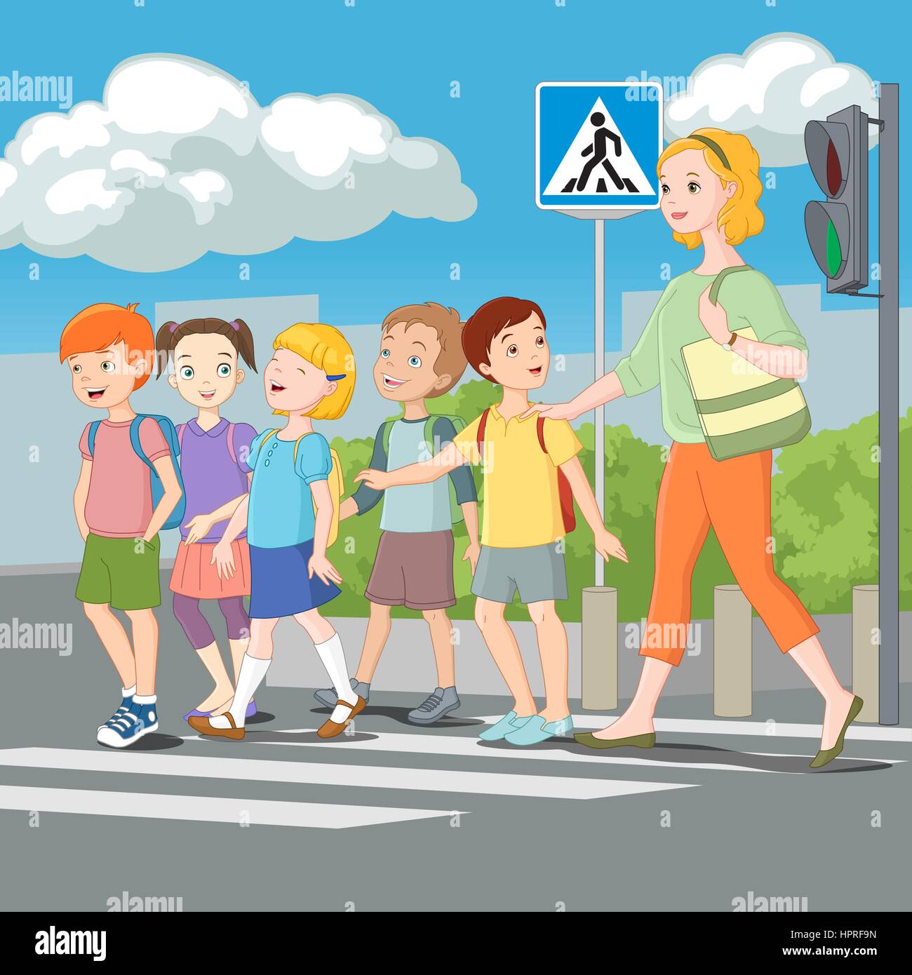 Los niños Crossing Road con el maestro. Ilustración vectorial. Ilustración del Vector