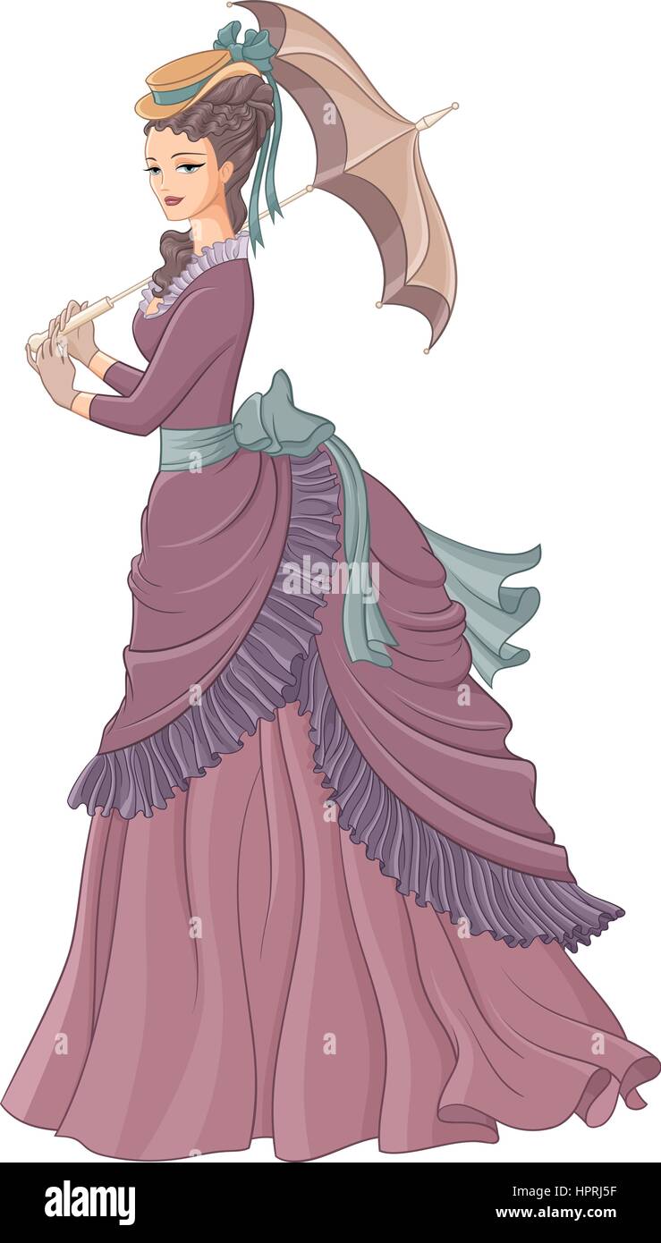 Antique vestidos dama con sombrilla. La moda de estilo victoriano vect Ilustración del Vector