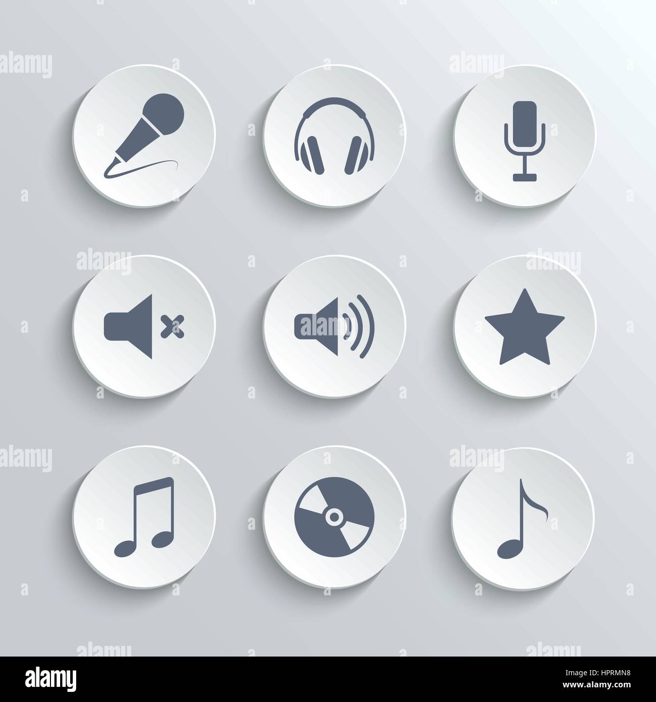 Iconos de medios - vector botones redondo blanco con micrófono retro  classic auriculares silencia el volumen star disco nota musical Imagen  Vector de stock - Alamy