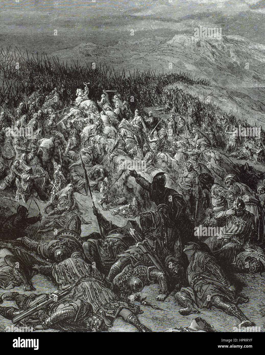 Cruzadas. La lucha entre el cristianismo y las fuerzas musulmanas. Los combates de los cruzados en la batalla contra los turcos de Antioquía. Grabado de Gustave Doré (1832-1883). Foto de stock