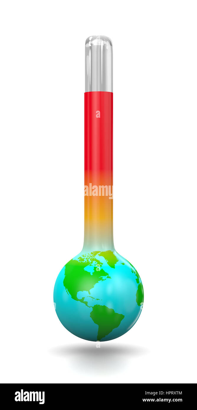 La tierra en la forma de un termómetro aislado sobre fondo blanco 3D ilustración, el concepto de Calentamiento Global Foto de stock