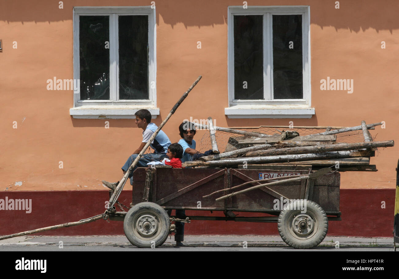 Vulcan, Rumania, Julio 4, 2009: Los niños en un carrito con estacas de madera en frente de una casa en Vulcan, Rumania. Foto de stock