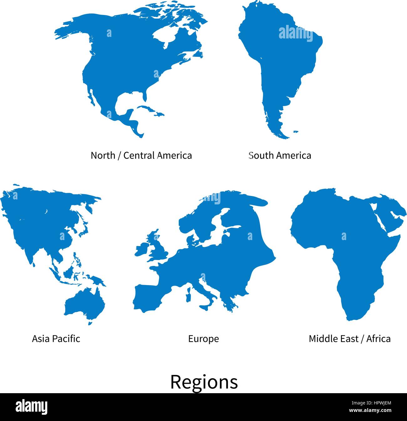 Vector detallado mapa de Norte, Centroamérica, Asia Pacífico, Europa, América del Sur, Oriente Medio y África Oriental, las regiones en blanco Ilustración del Vector