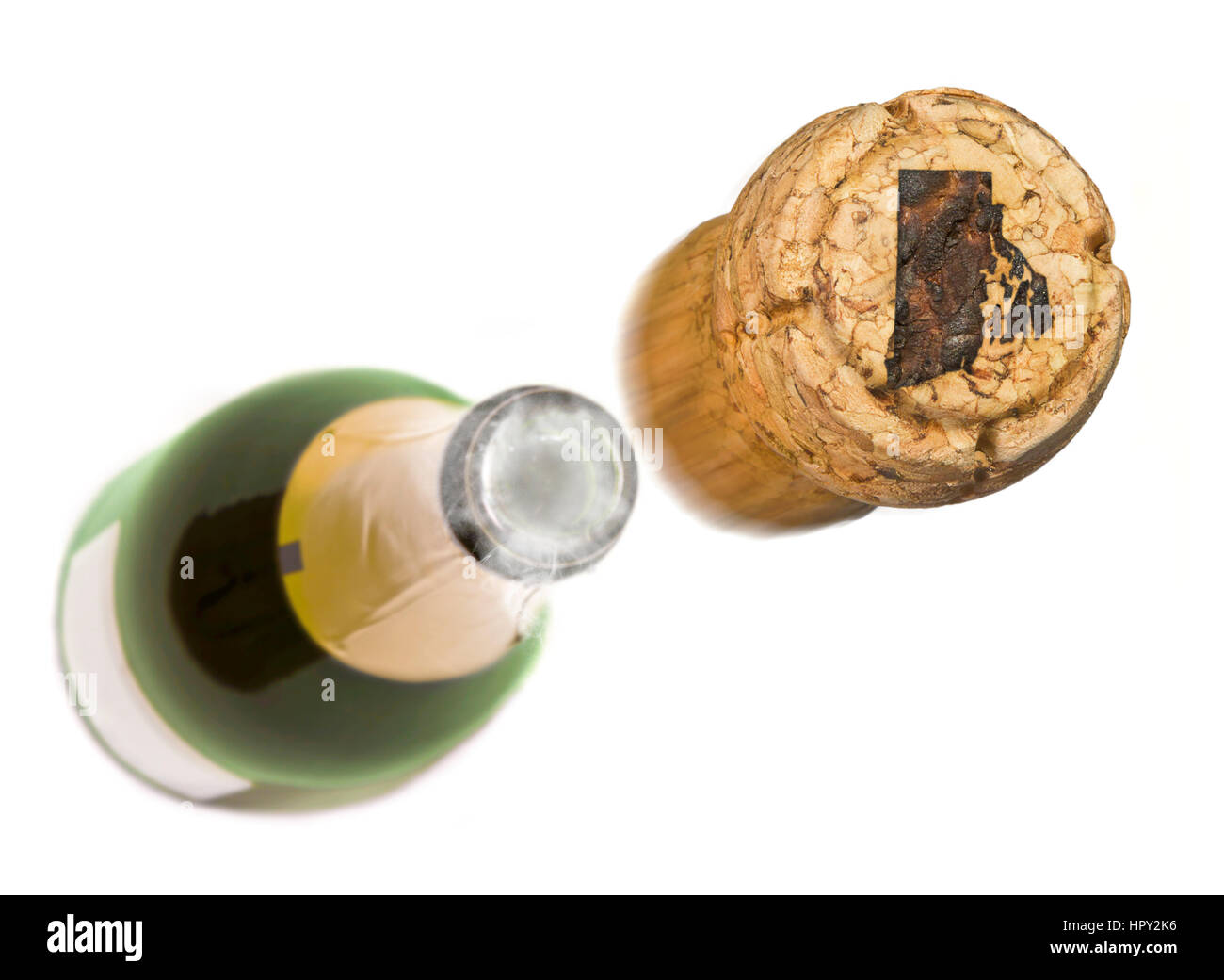 Champagne cork con la forma del quemado en Rhode Island y una botella de champán en la espalda.(series) Foto de stock