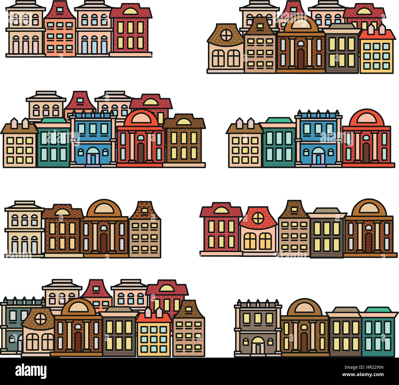 Aislado coloridas casas de baja altura,ciudad elementos ilustraciones de vectores, edificios municipales colección de iconos. Ilustración del Vector