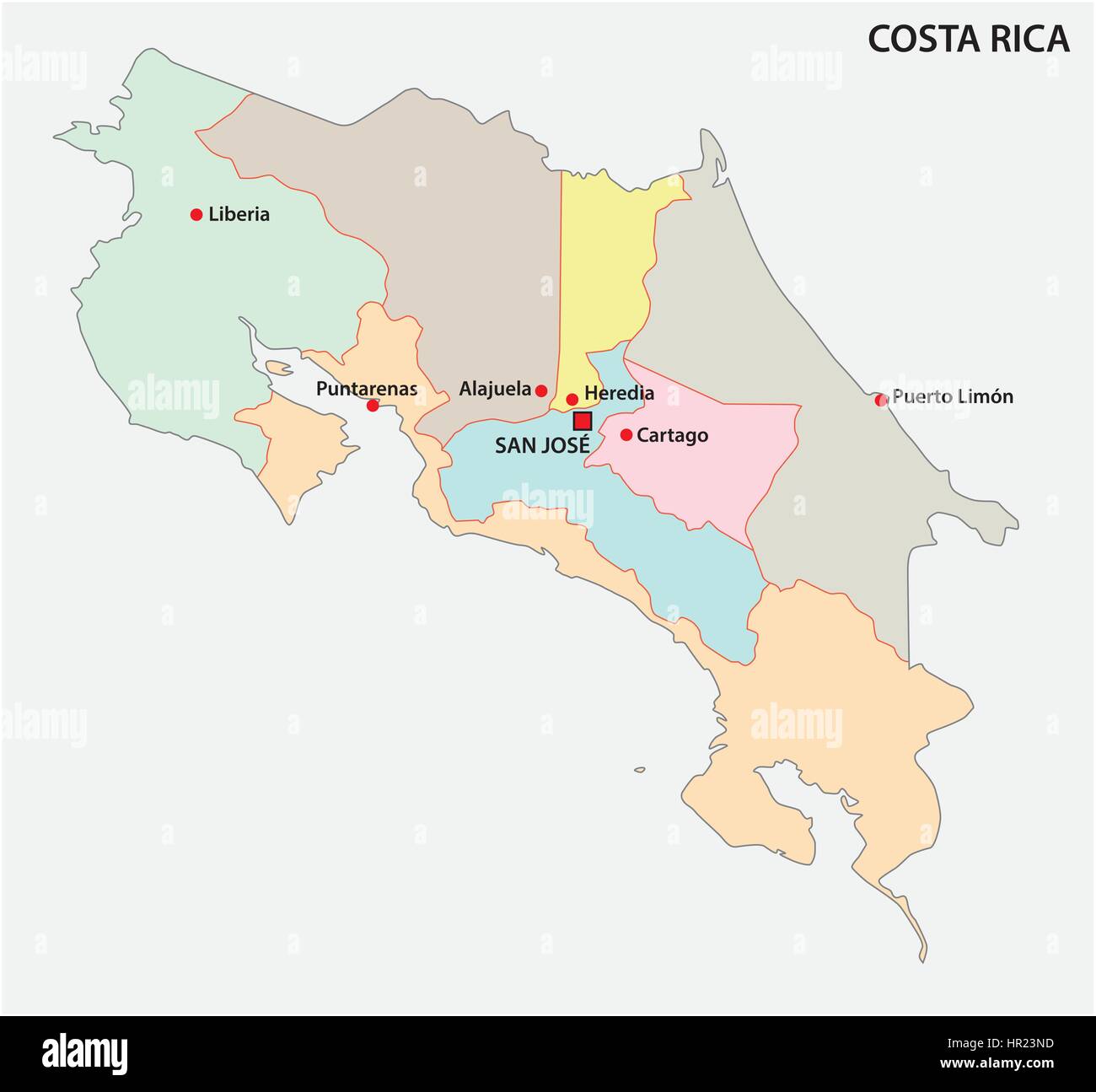 Mapa político y administrativo de Costa Rica Imagen Vector de stock Alamy