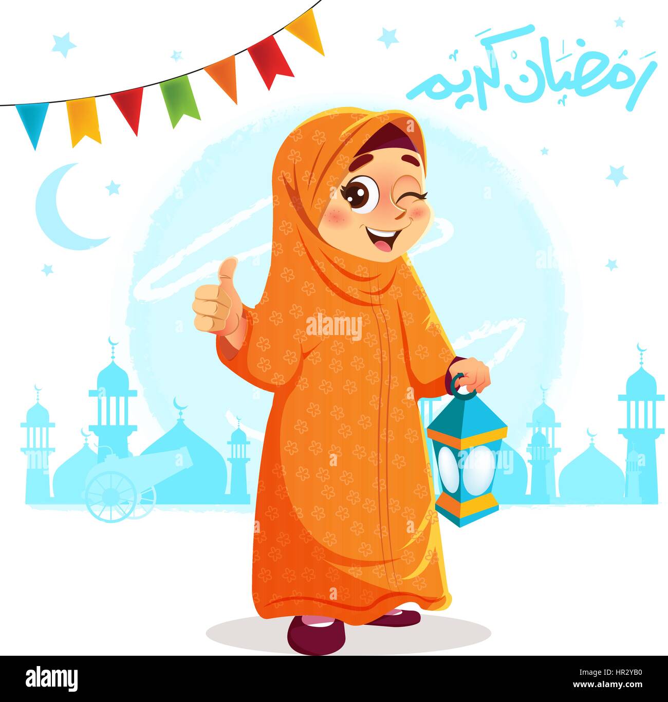Ilustración vectorial de pulgar arriba joven chica musulmana celebra el Ramadán Ilustración del Vector