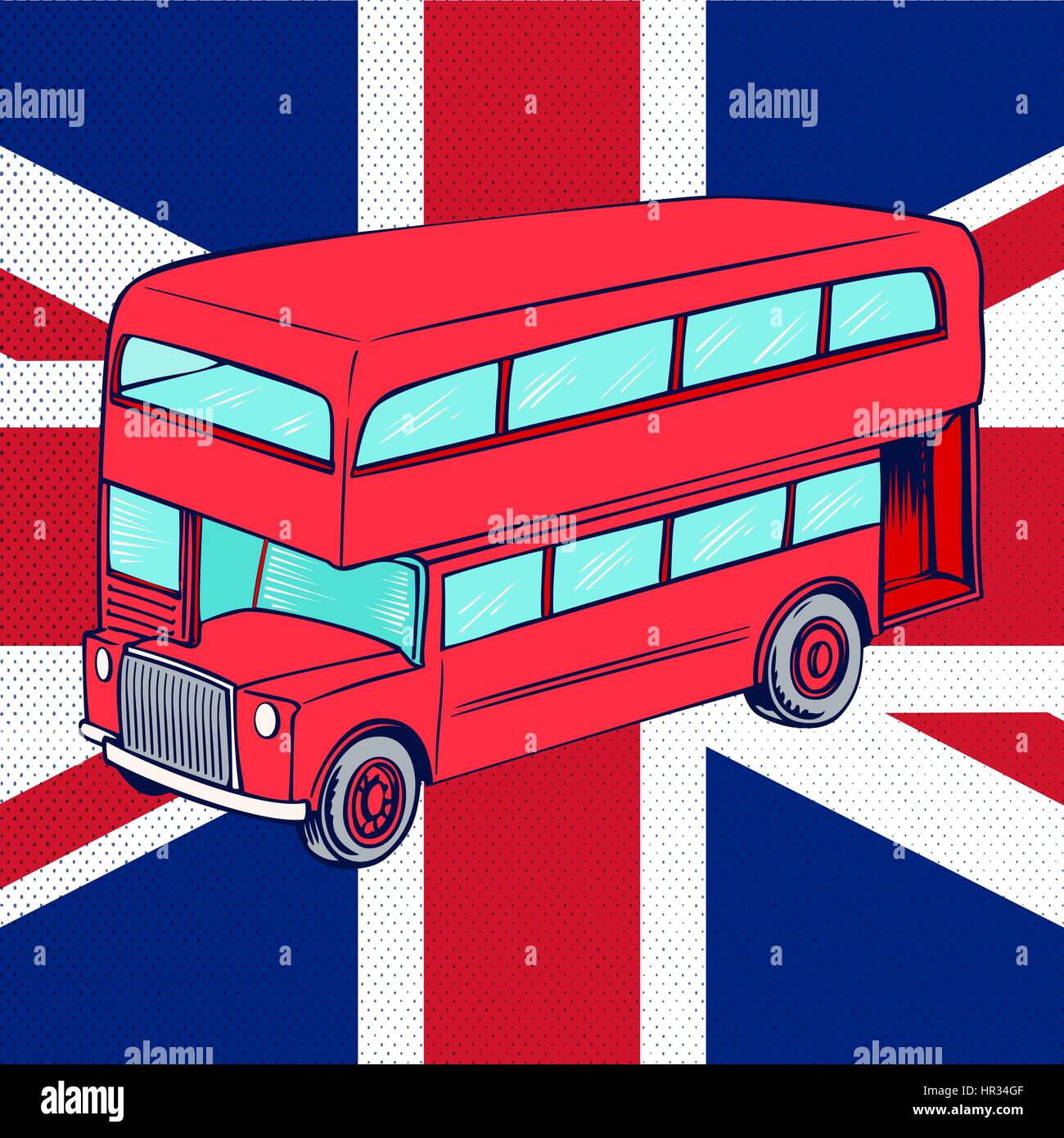 Haga doble decker bus rojo sobre fondo de bandera del Reino Unido Ilustración del Vector