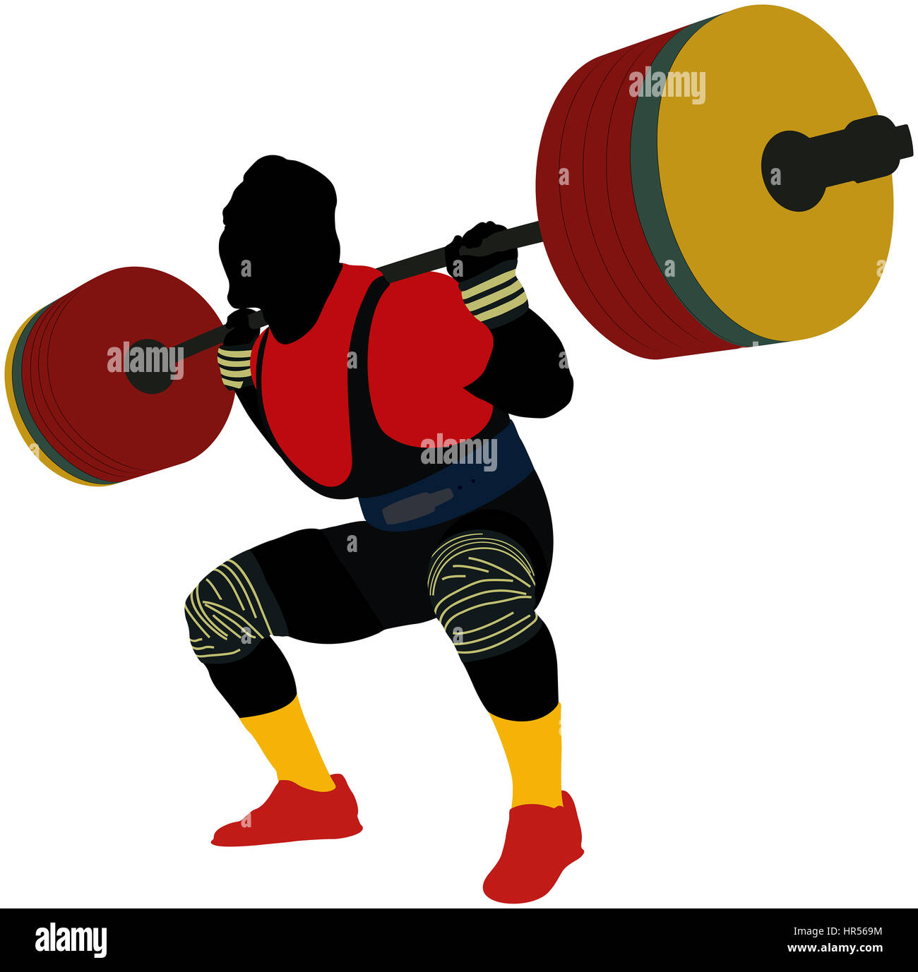 Atleta Masculino sentadilla powerlifter barbell silueta de color Foto de stock