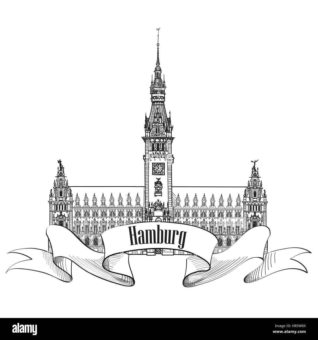 Ayuntamiento histórico de Hamburgo, Alemania, Europa. dibujados a mano dibujo vectorial ciudad alemana símbolo. Ilustración del Vector