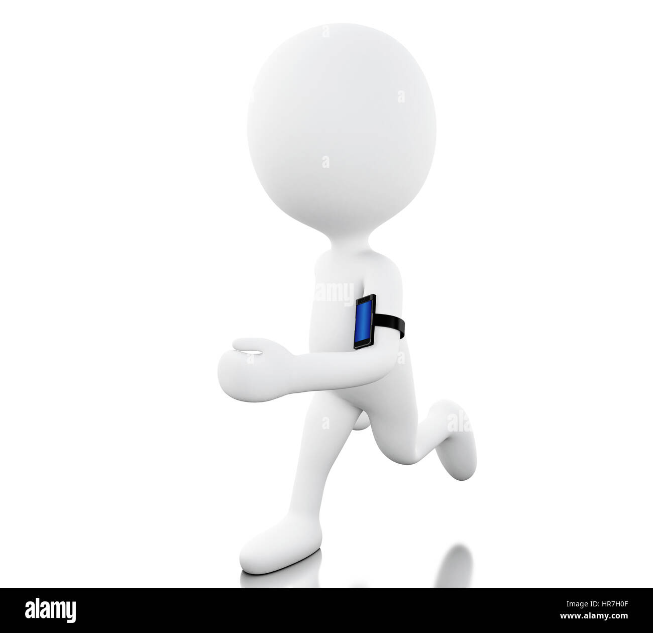 3D Render ilustración. Persona blanca corriendo con un teléfono móvil. Concepto de deporte y tecnología. Fondo blanco aislado Foto de stock