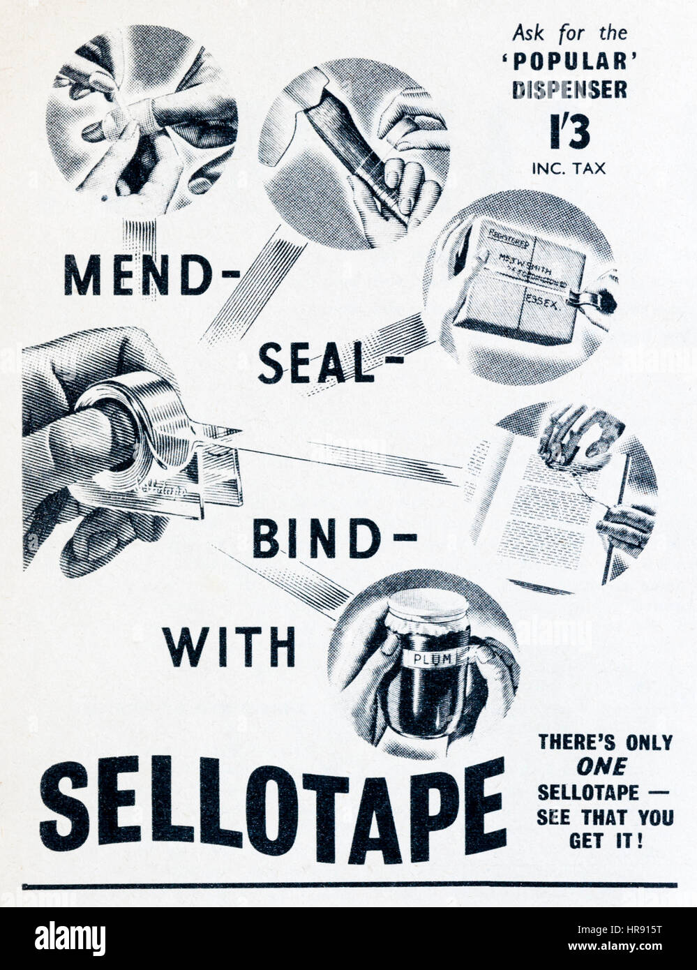 1950 Anuncio para la revista Sellotape cinta adhesiva en el popular dispensador. Foto de stock