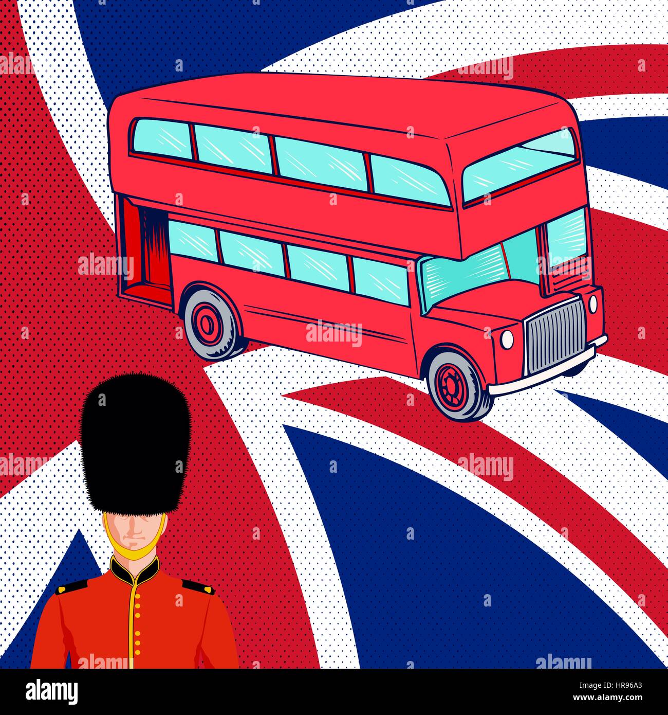 Autobuses rojos de dos pisos, la Guardia Real Británica del fondo de la bandera de Reino Unido. Ilustración del Vector