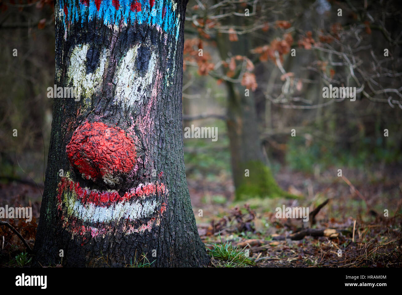 Pintados a mano de obra cara estilo payaso feliz agrandar árbol con su propio Facebook seguidores Alsager Cheshire East cerca de Stoke-on-Trent Foto de stock