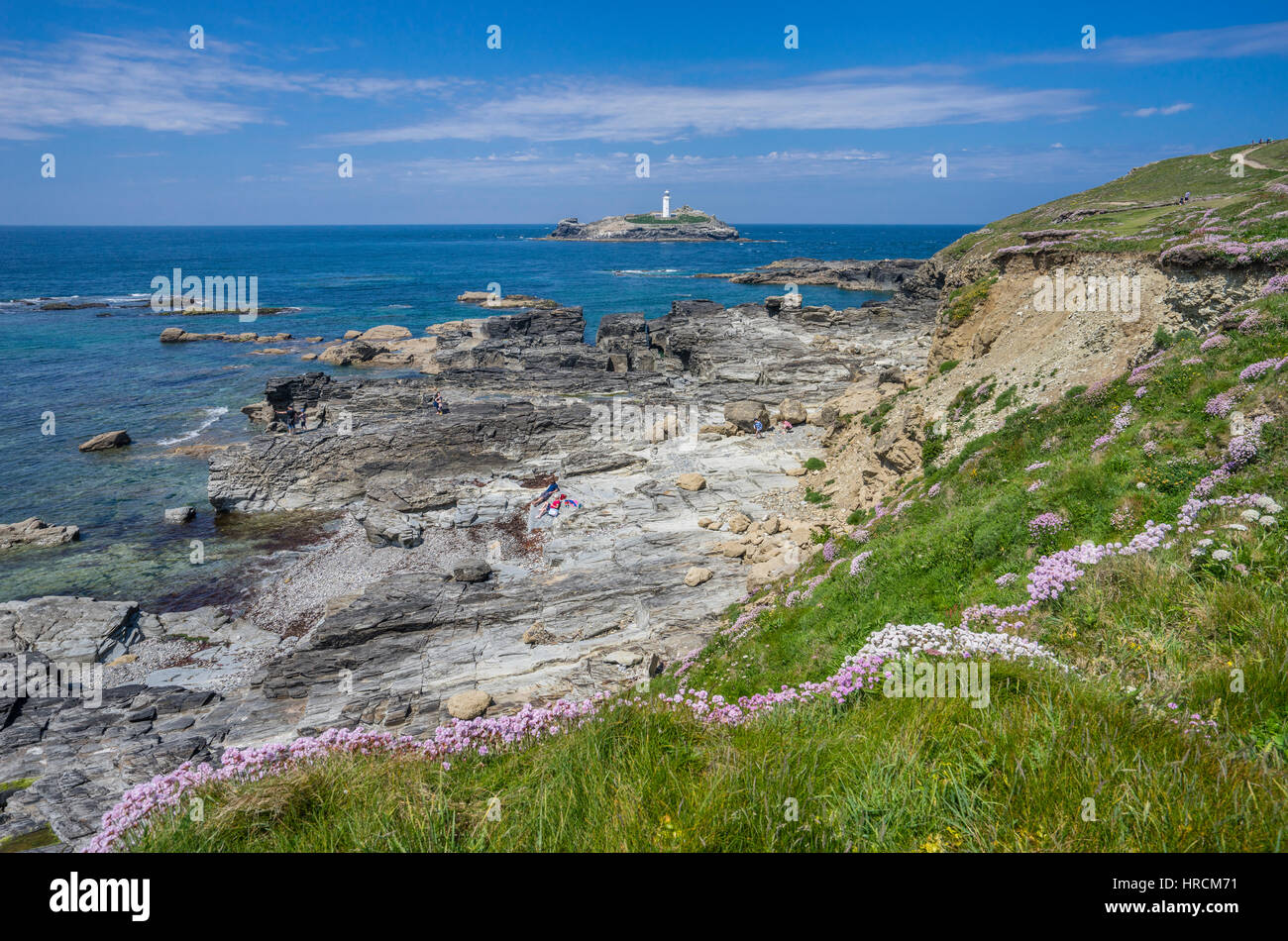 Reino Unido, Cornwall, Patrimonio Godrevy-Portreath Costa, Vista de punto con Godrevy Godrevy faro en la distancia Foto de stock