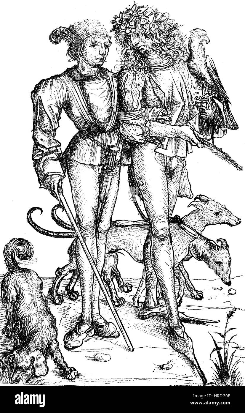 Jóvenes, personas nobles alemanes con perros en el siglo XV, el facsímil de los grabados de cobre, la reproducción de una xilografía del siglo xix, 1885 Foto de stock