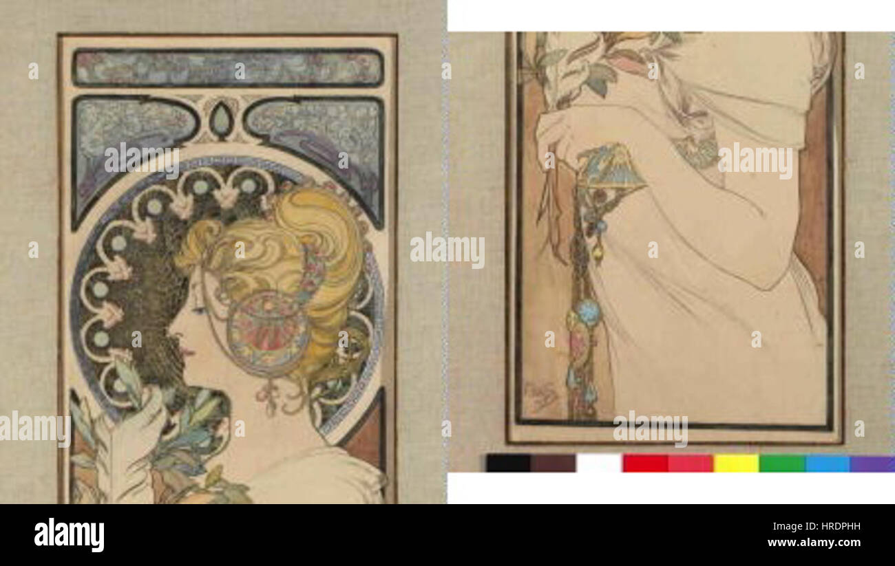 Autor Alfons Mucha 24.7.1860-14.7.1939 - Navrh na pano pero Foto de stock