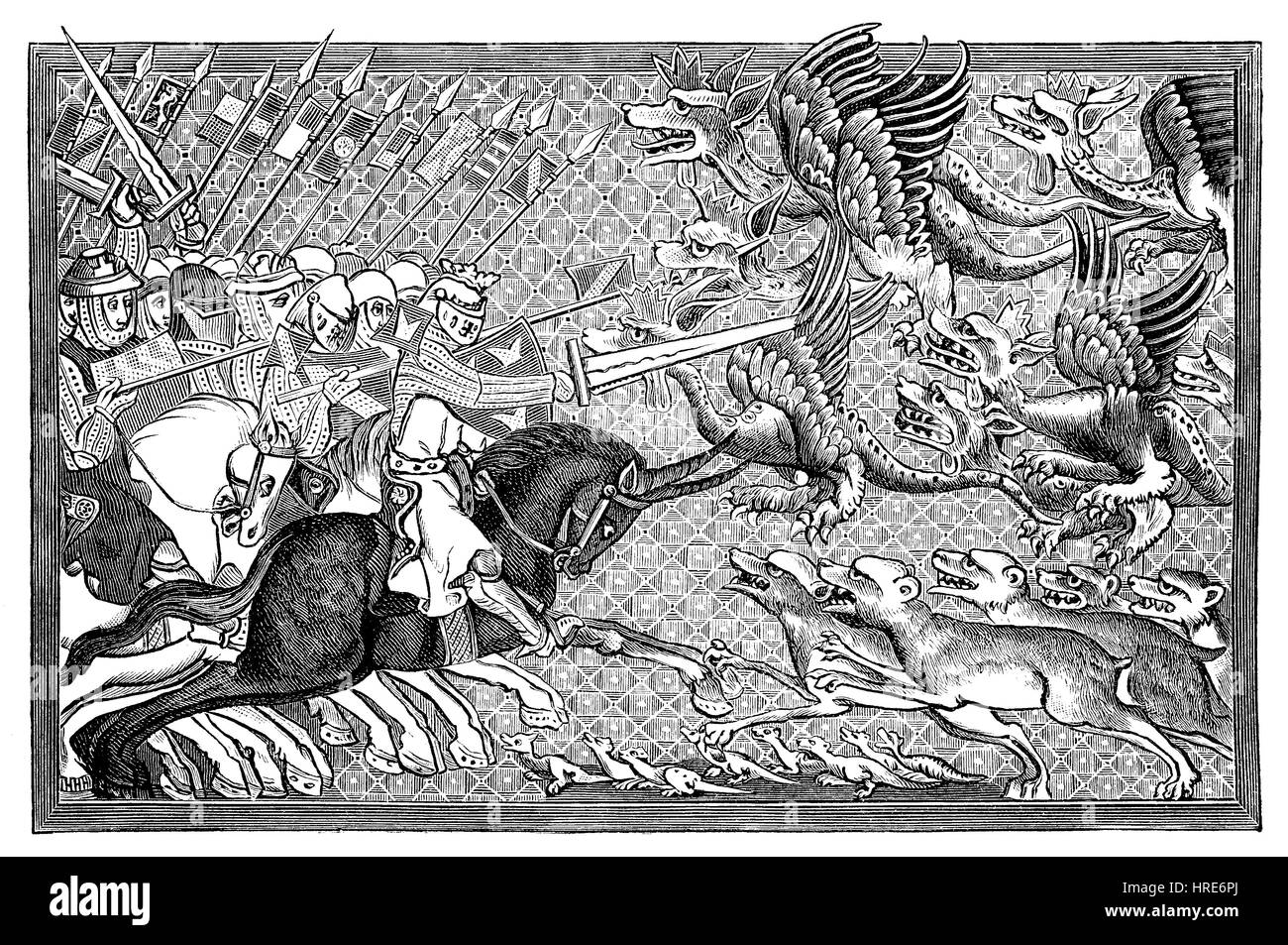 Alexander en la batalla con dragones y otras bestias fantásticas, miniaturas en un manuscrito de la Pfaffen Lambrecht desde el siglo 13, Bruselas, Bélgica, Alejandro Magno, reproducción de una xilografía del siglo xix, 1885 Foto de stock