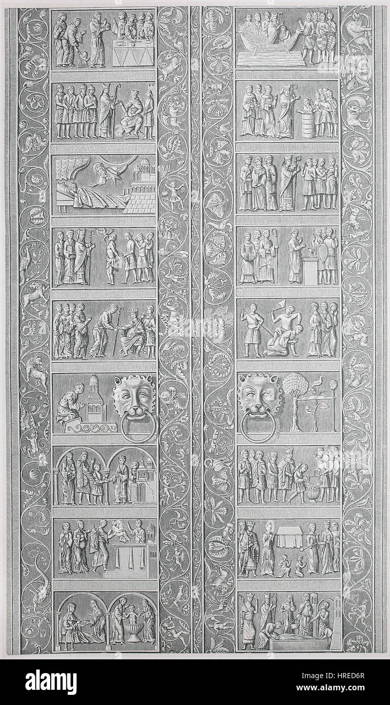 Las representaciones de la vida del santo Adalberto, el arco relieves en el portal de la catedral de Gniezno, Polonia, reproducción de una xilografía del siglo xix, 1885 Foto de stock