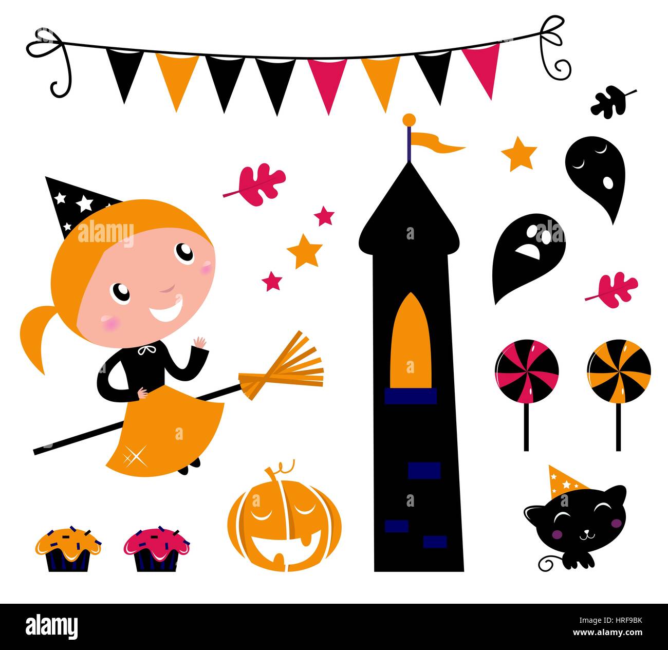 10618058 - cute little halloween witch, diversos elementos para la celebración de vectores. Foto de stock