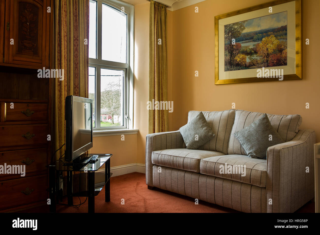 Zona de estar con un sofá/cama/sofá y un televisor en la esquina de una habitación de hotel con espacio de copia. Foto de stock