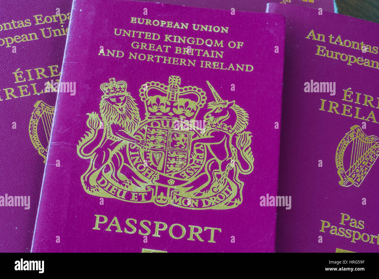 Los pasaportes de la República de Irlanda y el Reino Unido de Gran Bretaña e Irlanda del Norte. Foto de stock