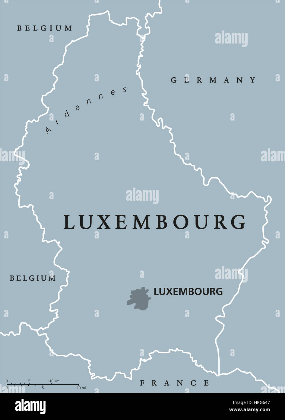 Mapa político de Luxemburgo con el capital, las fronteras nacionales y de países vecinos. Gran Ducado de Luxemburgo, un país sin litoral en Europa Occidental. Foto de stock