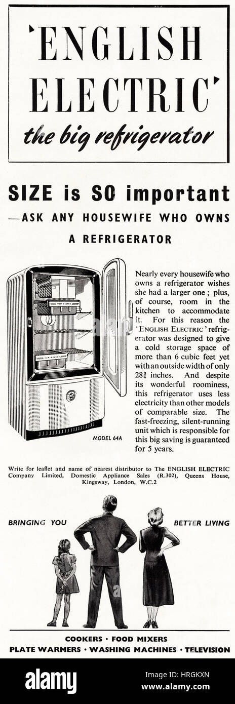 1950 anuncio publicitario del antiguo original vintage revista inglesa  fecha 1950 Anuncio para electrodomésticos refrigerador por English Electric  Fotografía de stock - Alamy