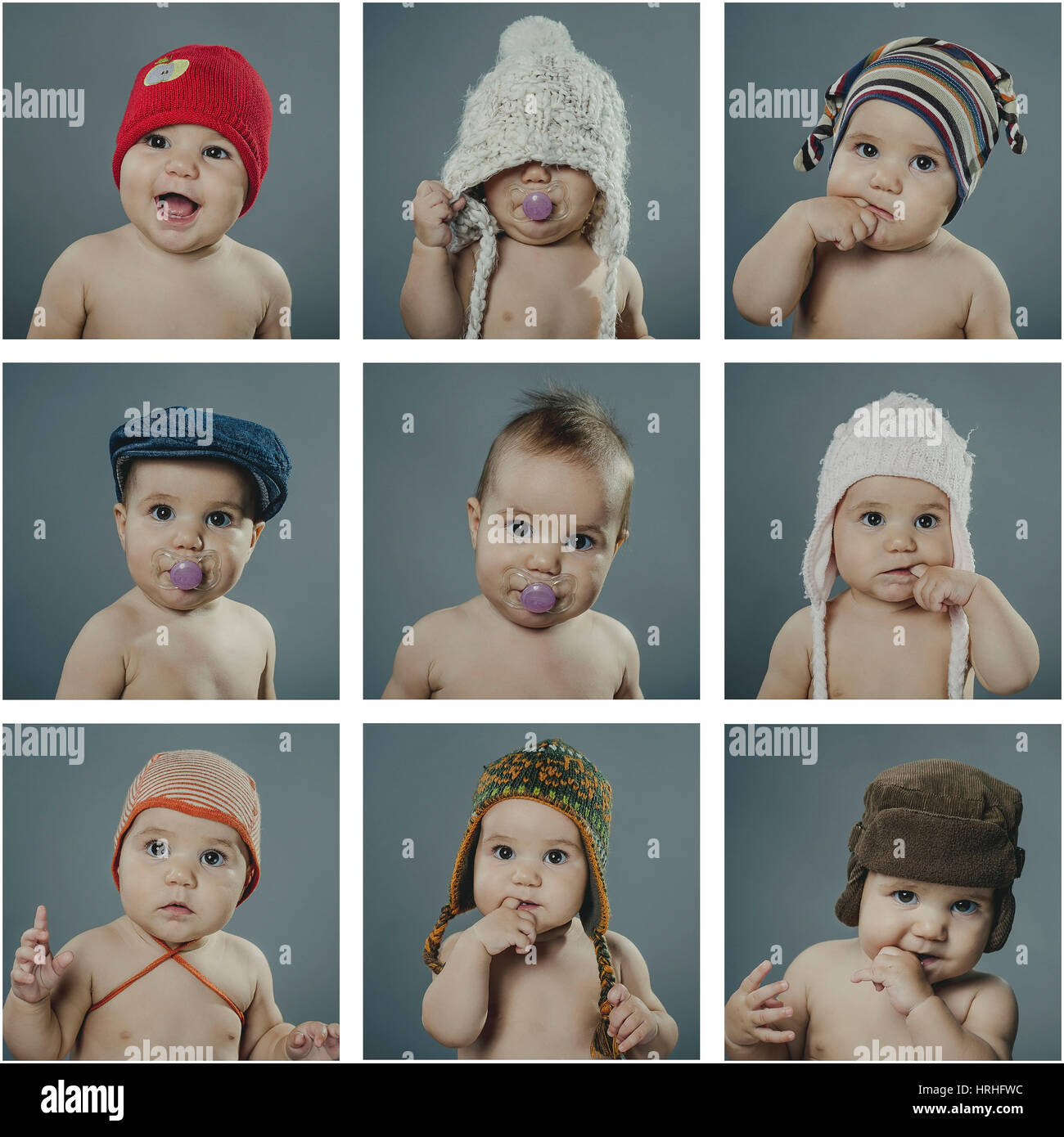 Fotocollage, Kleinkind mit verschiedenen Kopfbedeckungen - Photo Collage, baby con diferentes cintillos Foto de stock