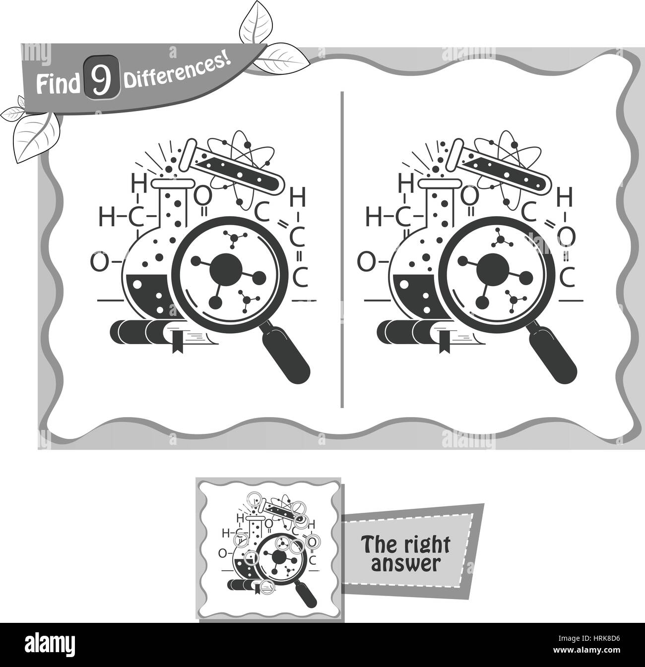 Visual juego para niños y adultos. Tarea para encontrar las 9 diferencias . La ciencia día de juego en blanco y negro . Ilustración del Vector