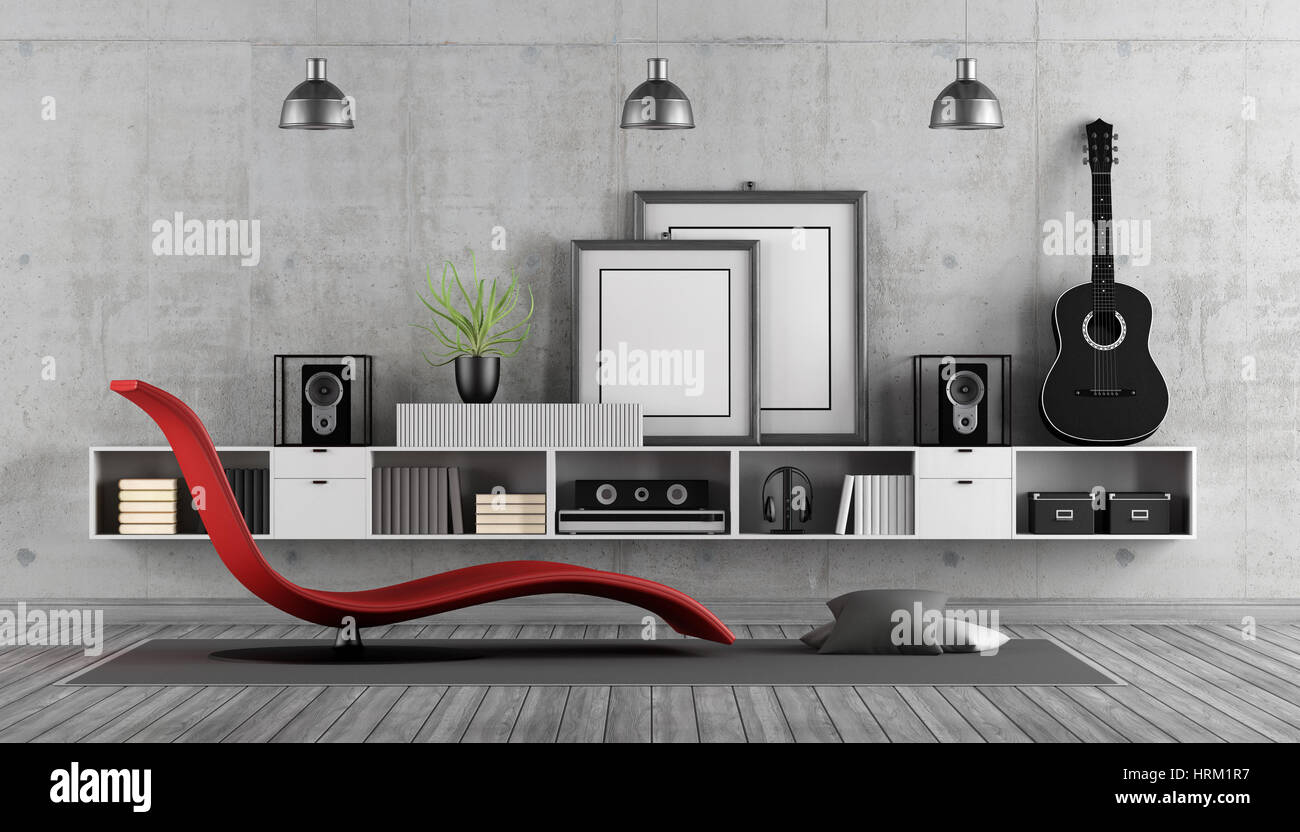 Moderna sala para escuchar música con chaise lounge, sistema de audio y la  guitarra clásica - 3D rendering Fotografía de stock - Alamy